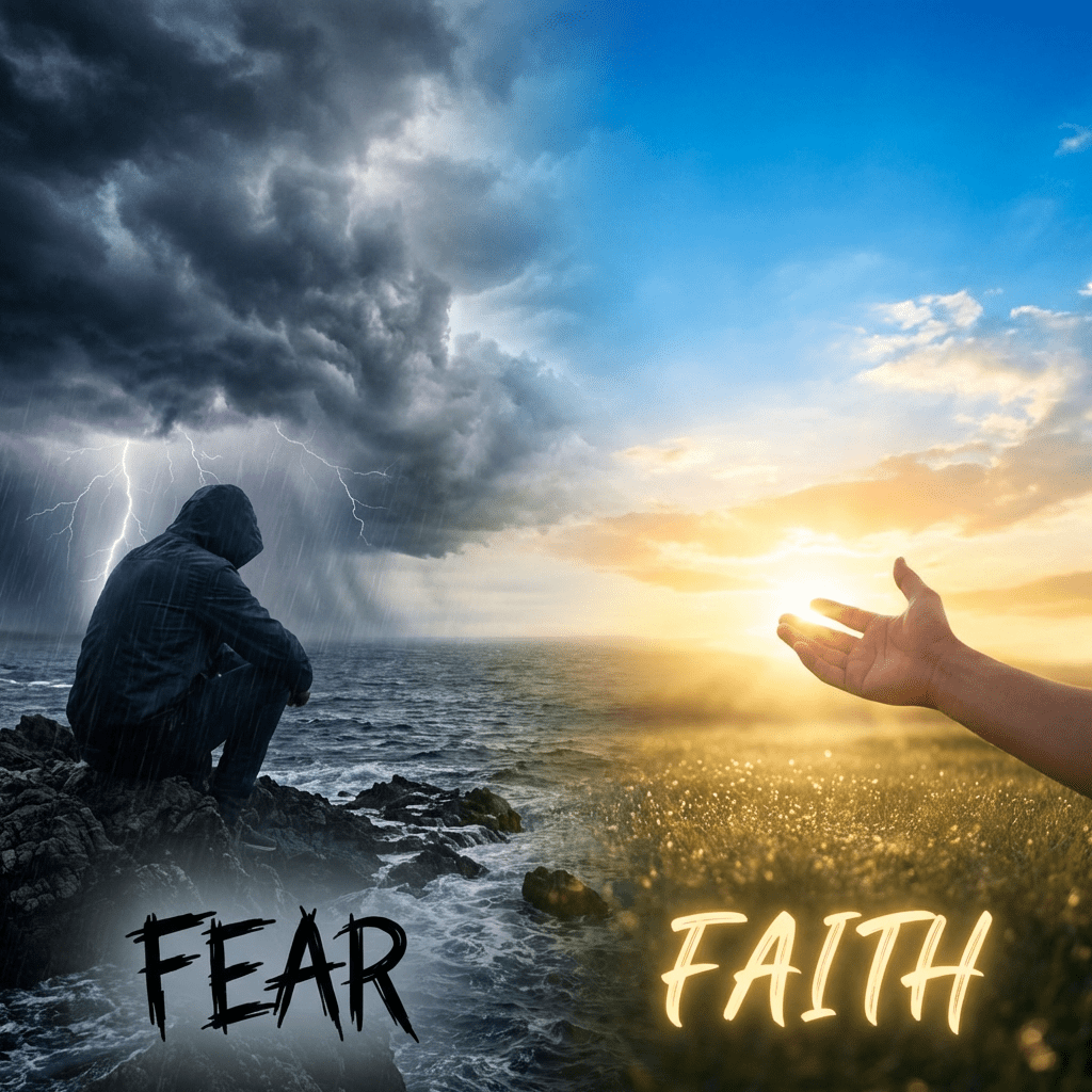 A split image showing a stormy sea with 'FEAR' and a sunny field with 'FAITH'.
