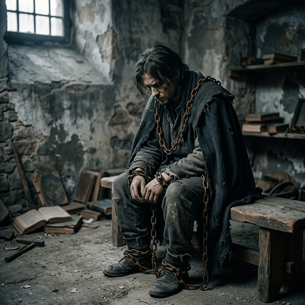 Man bound with heavy chains sitting on a wooden bench in a dim stone cell