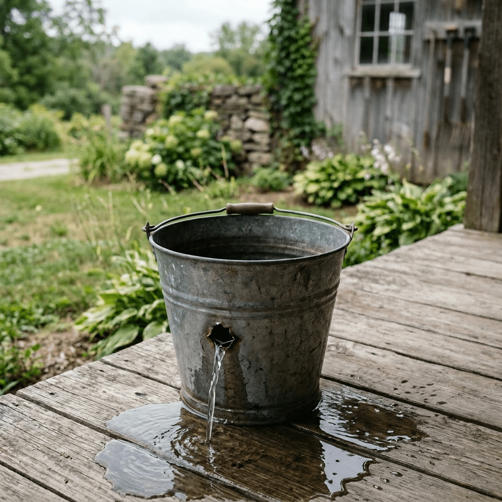 Metal bucket on wooden porch with greenery in background