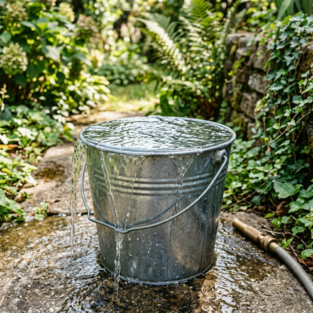 Blue plastic bucket filled with water on stone path with garden plants and hose nearby