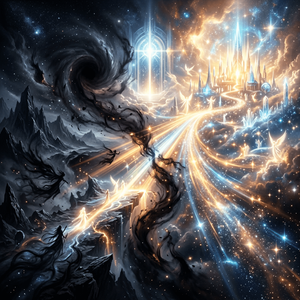 A glowing pathway leads figures from dark, shadowy terrain toward a shining celestial city amidst stars and light