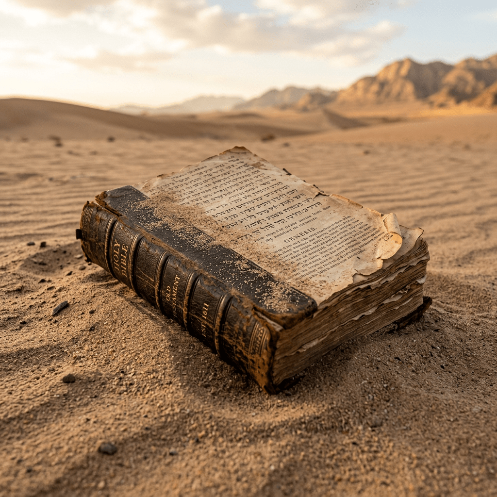 Old Holy Bible with Hebrew and English text on desert sand