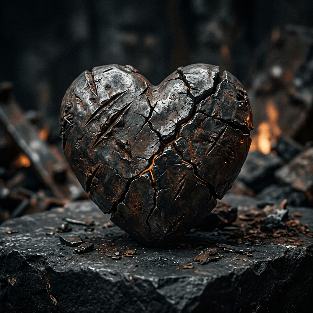 Rusty, cracked heart-shaped metal sculpture with orange glowing cracks on a dark stone surface
