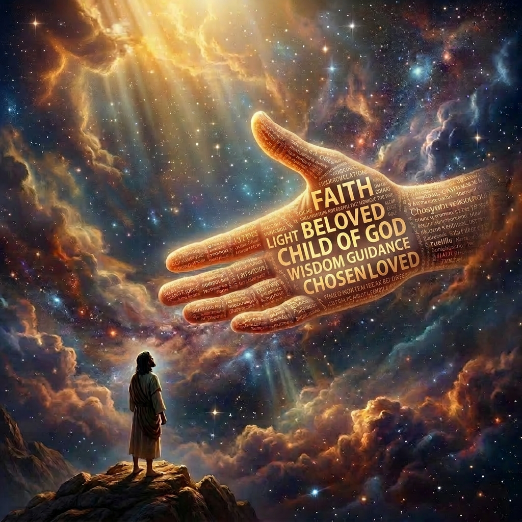 A hand writing the words Beloved, Chosen, Child of God, Loved in glowing script across a starry sky