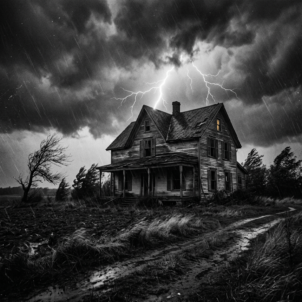 Old dilapidated farmhouse with one lit window during stormy weather and lightning
