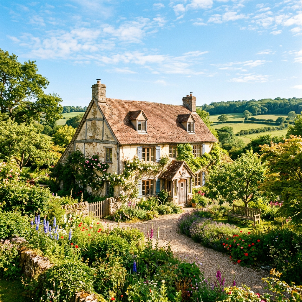 English cottage with timber framing and rose-covered walls surrounded by lush garden and rolling green hills