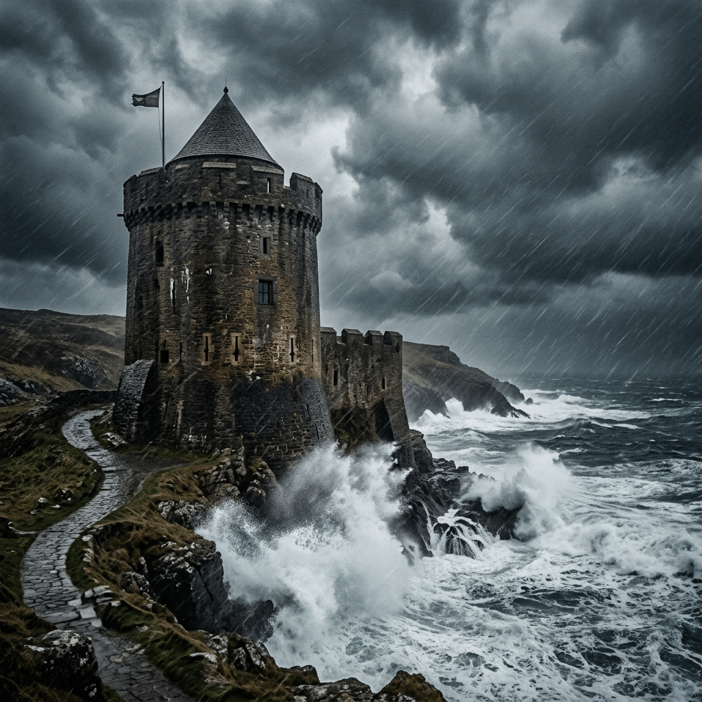Medieval stone castle on rocky coast with large waves crashing and stormy clouds overhead