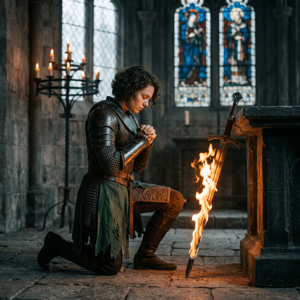 Knight in armor kneeling and praying before a burning sword inside a medieval chapel