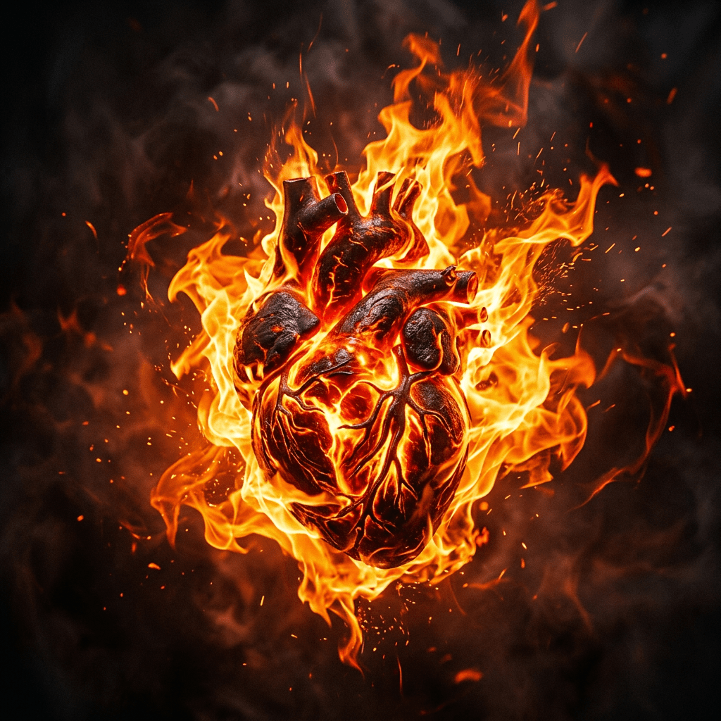 Realistic human heart burning with bright orange flames and smoke