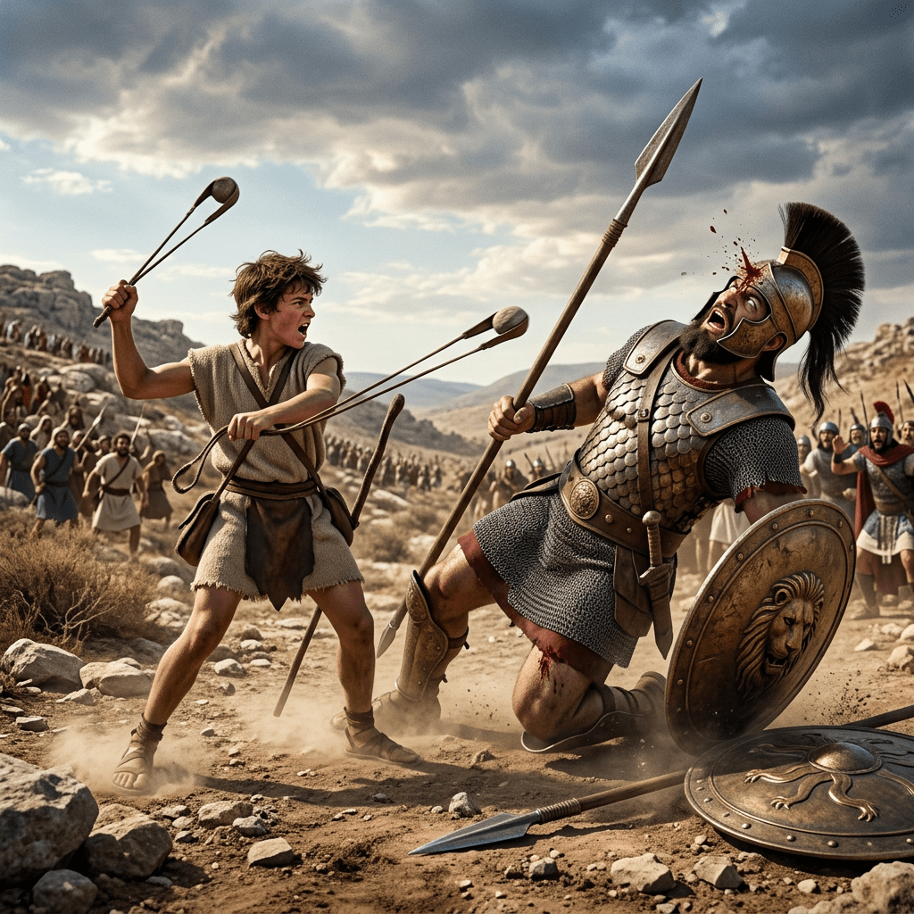 Young warrior hitting an armored soldier with clublike weapons causing blood to splatter