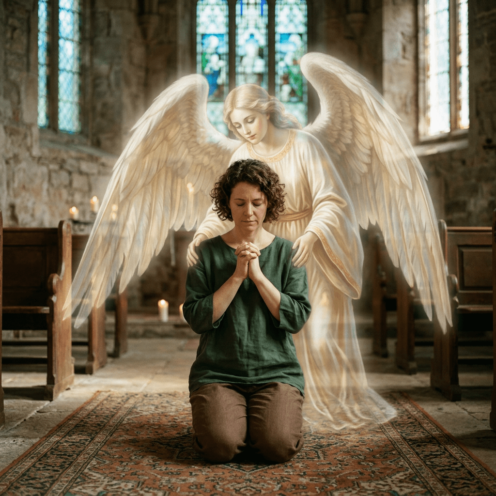 Woman kneeling and praying in church with angel figure behind