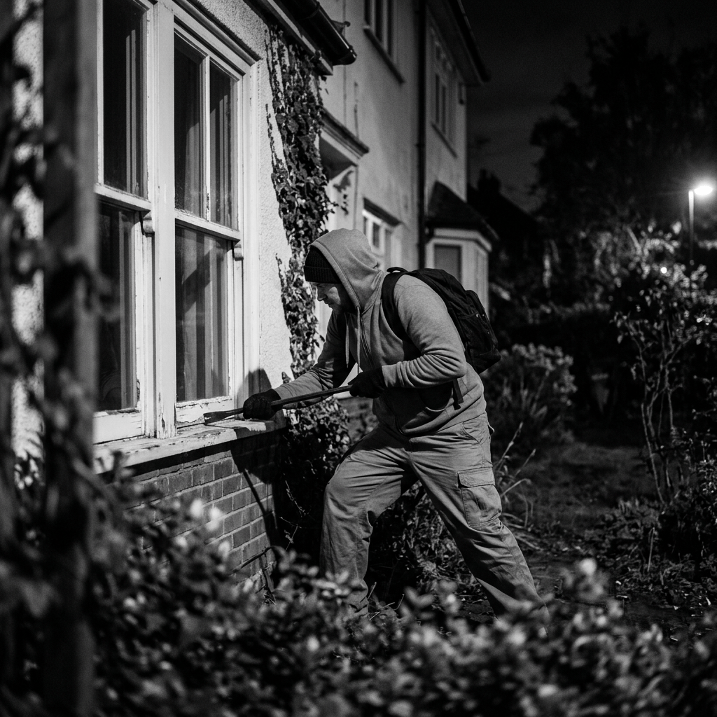Person in hoodie and gloves prying open a window at night
