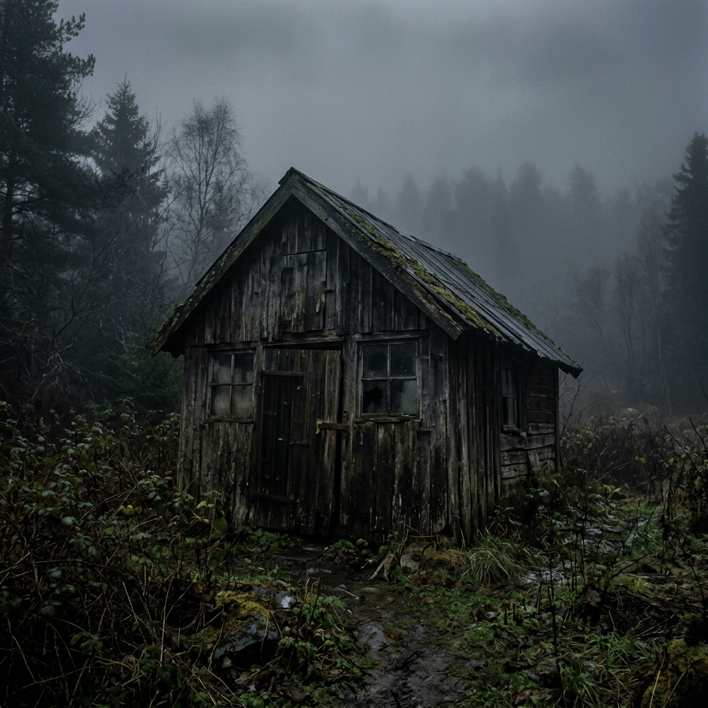 Old wooden cabin with moss on roof in misty forest