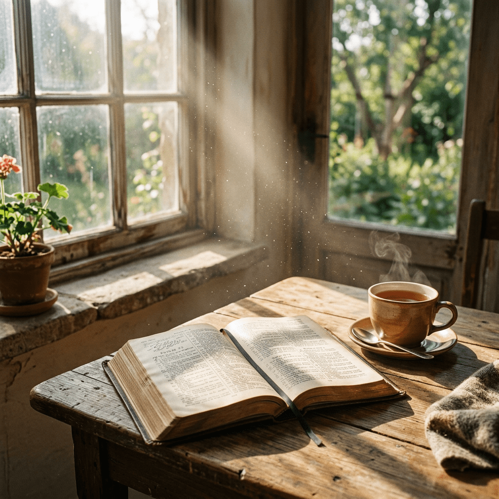 Open book and steaming tea cup on rustic wooden table near window with sunlight