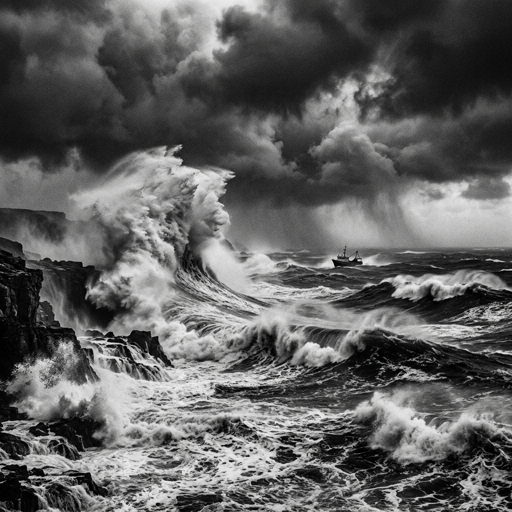 Fishing boat navigating through large crashing waves in a stormy sea