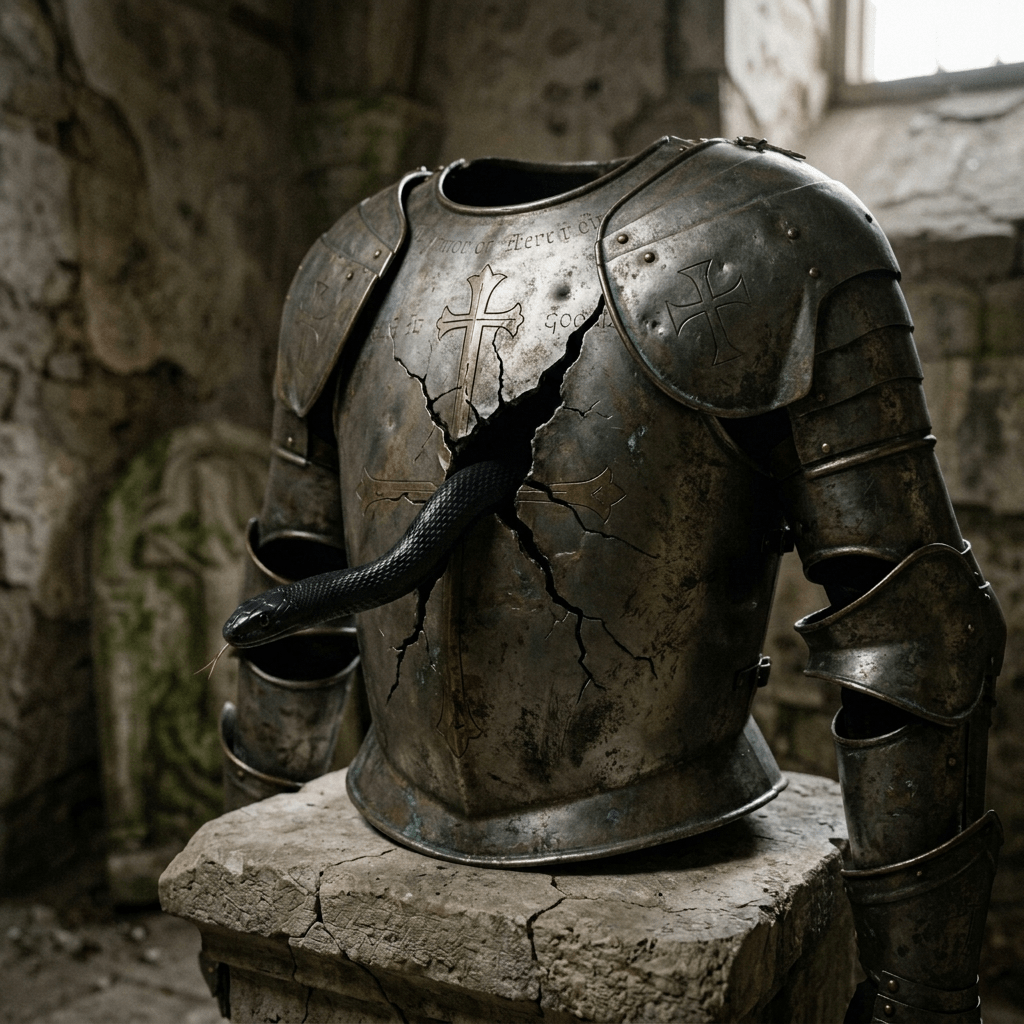 Cracked medieval armor with a snake emerging from its chest