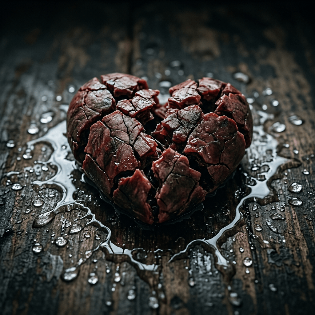 Cracked dark red fruit surrounded by water droplets on wood