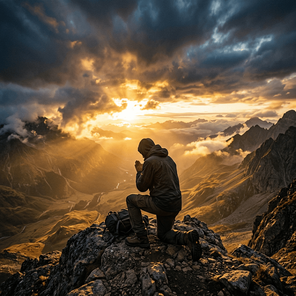 Hiker kneeling in prayer on a rocky mountain summit at sunset