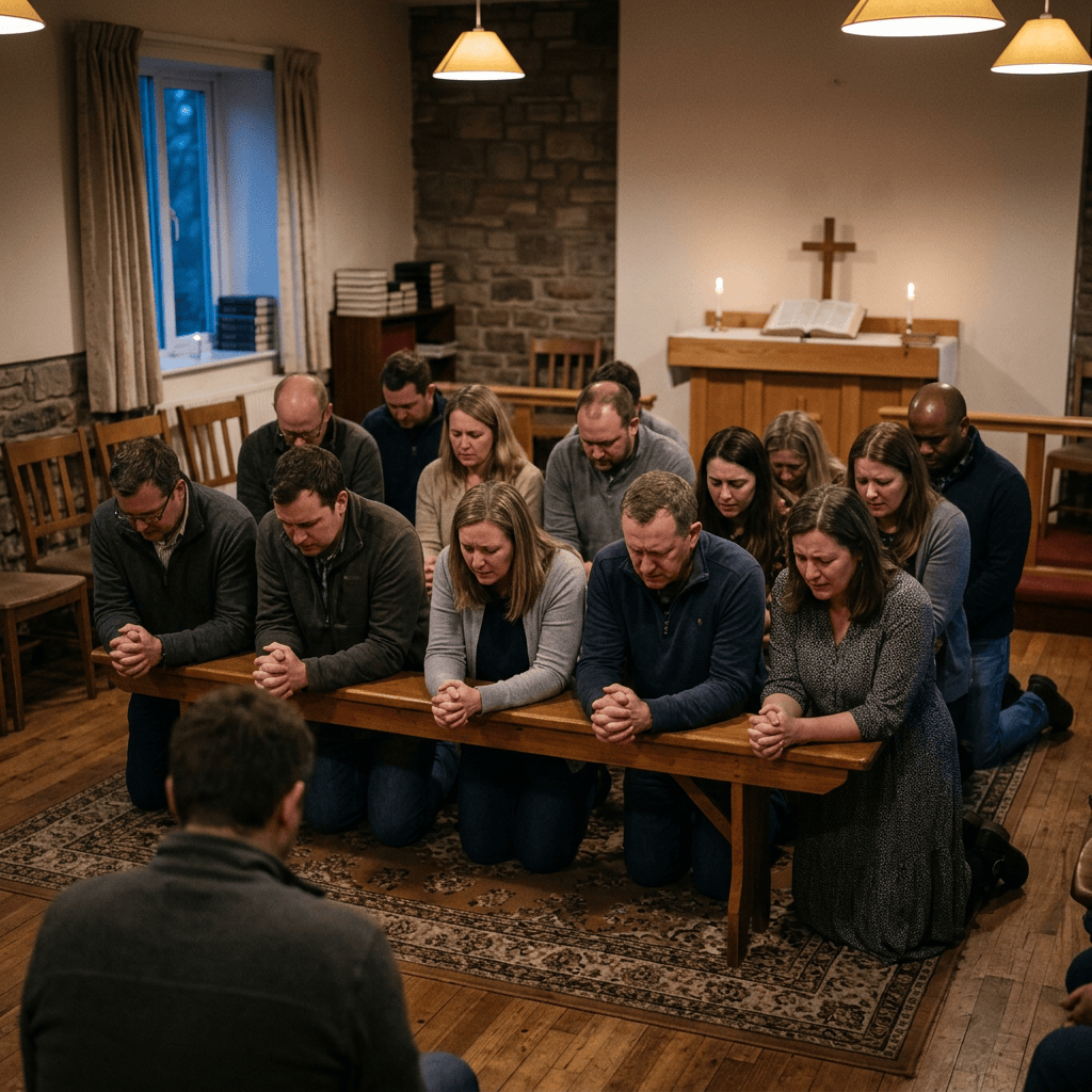 Small group kneeling in prayer before a chapel altar and cross