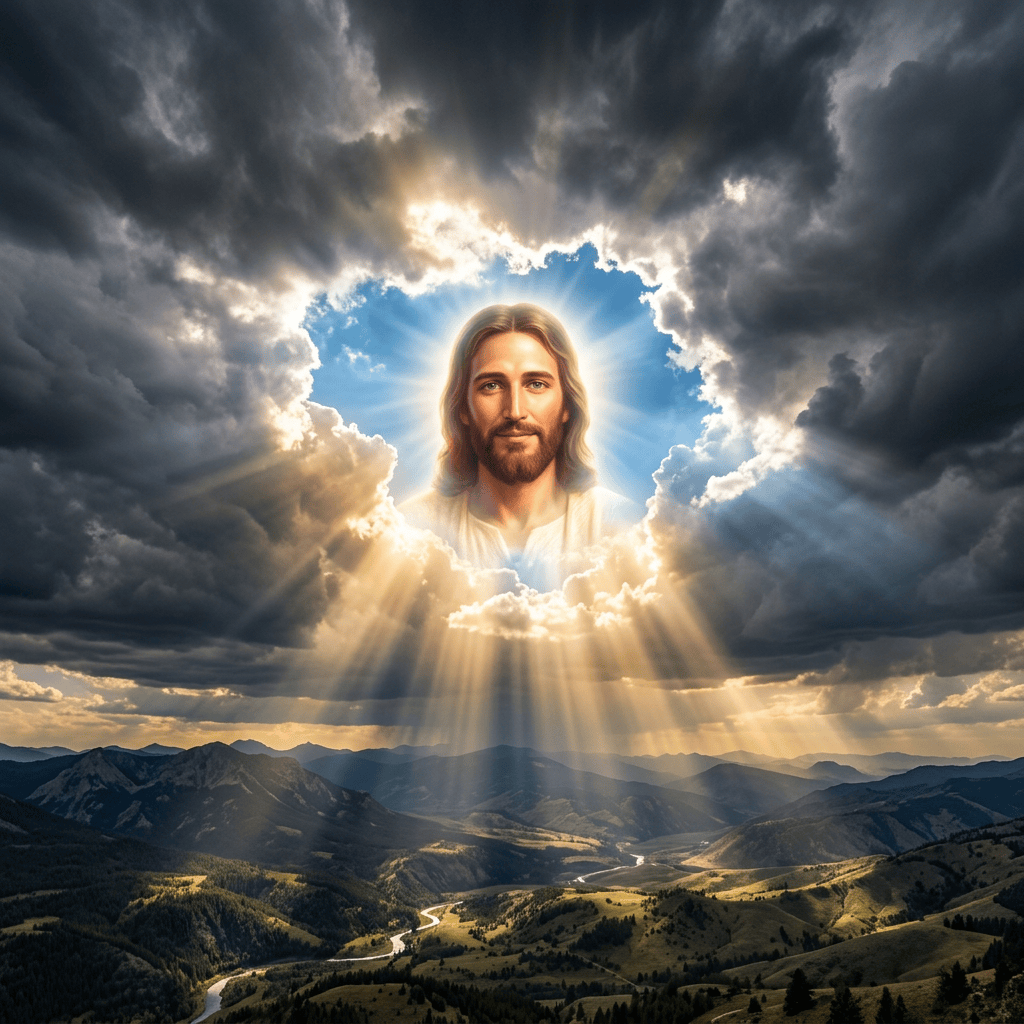 Jesus appears among radiant clouds above a mountainous valley.
